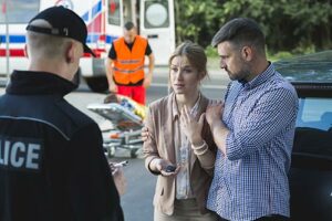 Young couple talk to police officer after crash